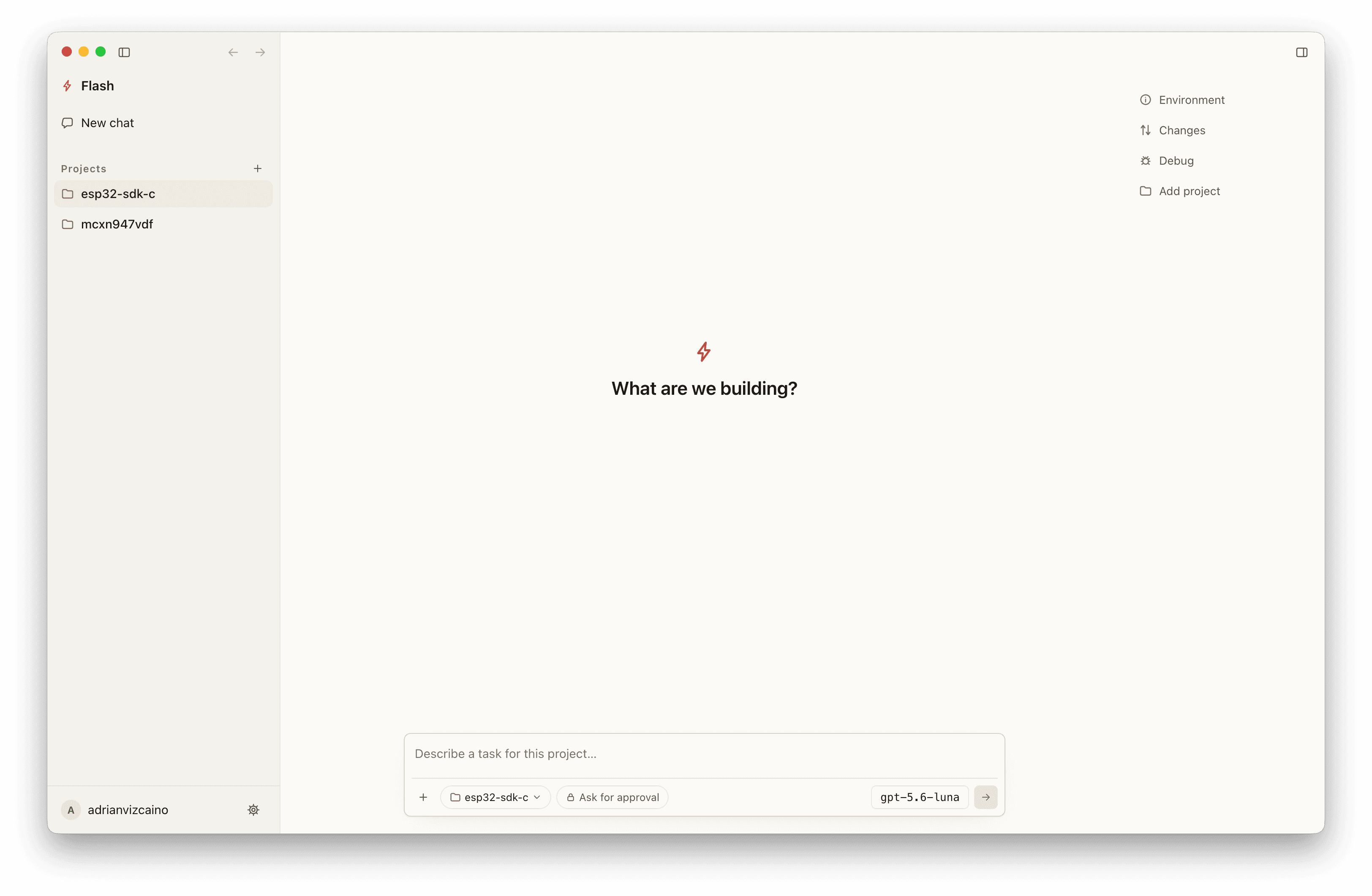 Flash Desktop with the project sidebar and a new task composer for an embedded project